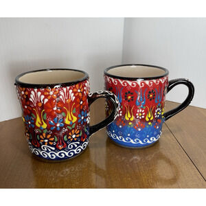 Turkish Pottery Mug Set Of 2 Mugs Red Blue 3D Hand Painted Floral Boho New